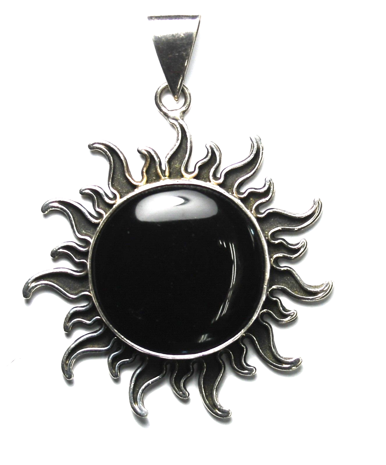 Sterling Silver Mexico Black Round Onyx Sun Pendant 66mm x 51mm