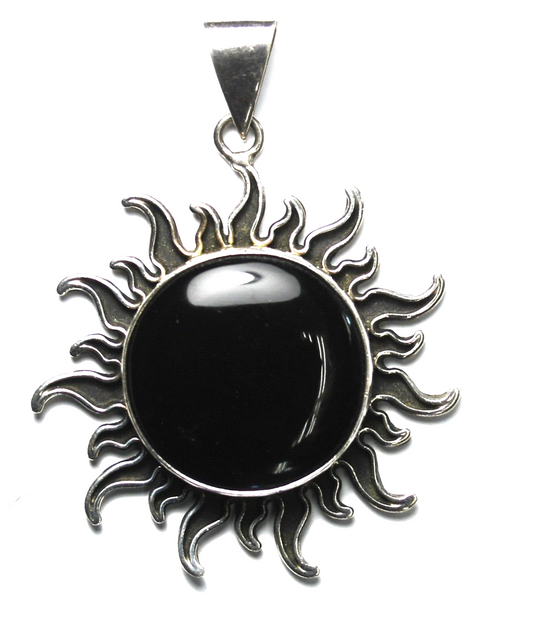 Sterling Silver Mexico Black Round Onyx Sun Pendant 66mm x 51mm
