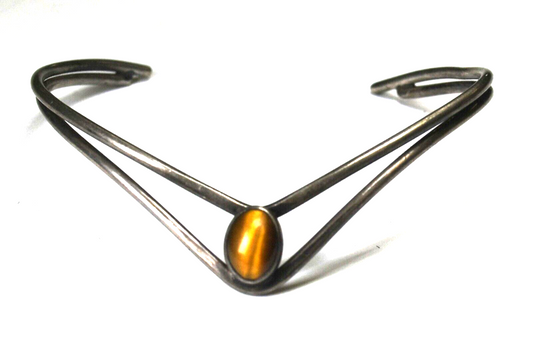 Sterling Silver Oval Tiger's Eye Double Wire Cuff Bracelet 10mm 6.5" Wrist