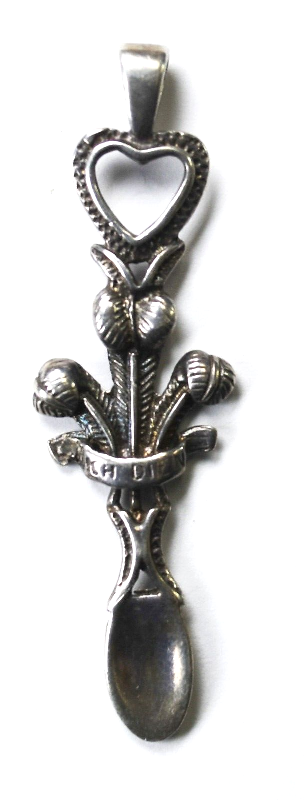 Sterling Silver Ich Dien Prince of Wales Spoon Pendant 59mm x 17mm