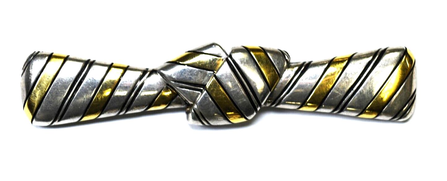Michael Bondanza Sterling & 18k Striped Bow Tie Knot Brooch Pin 3.25" x 18mm