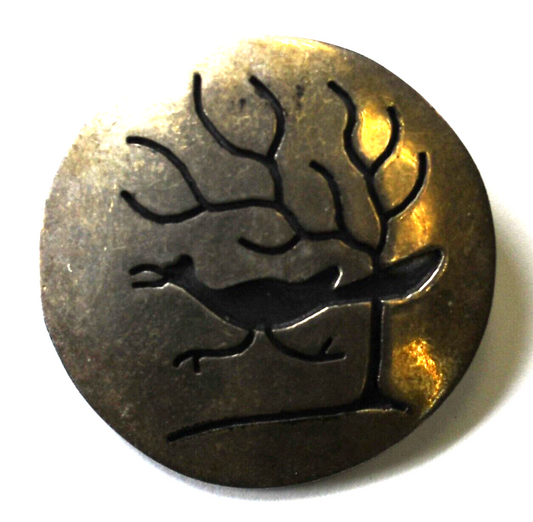 Sterling Silver Roadrunner Tree Brooch Pin 30mm Round Domed Disc