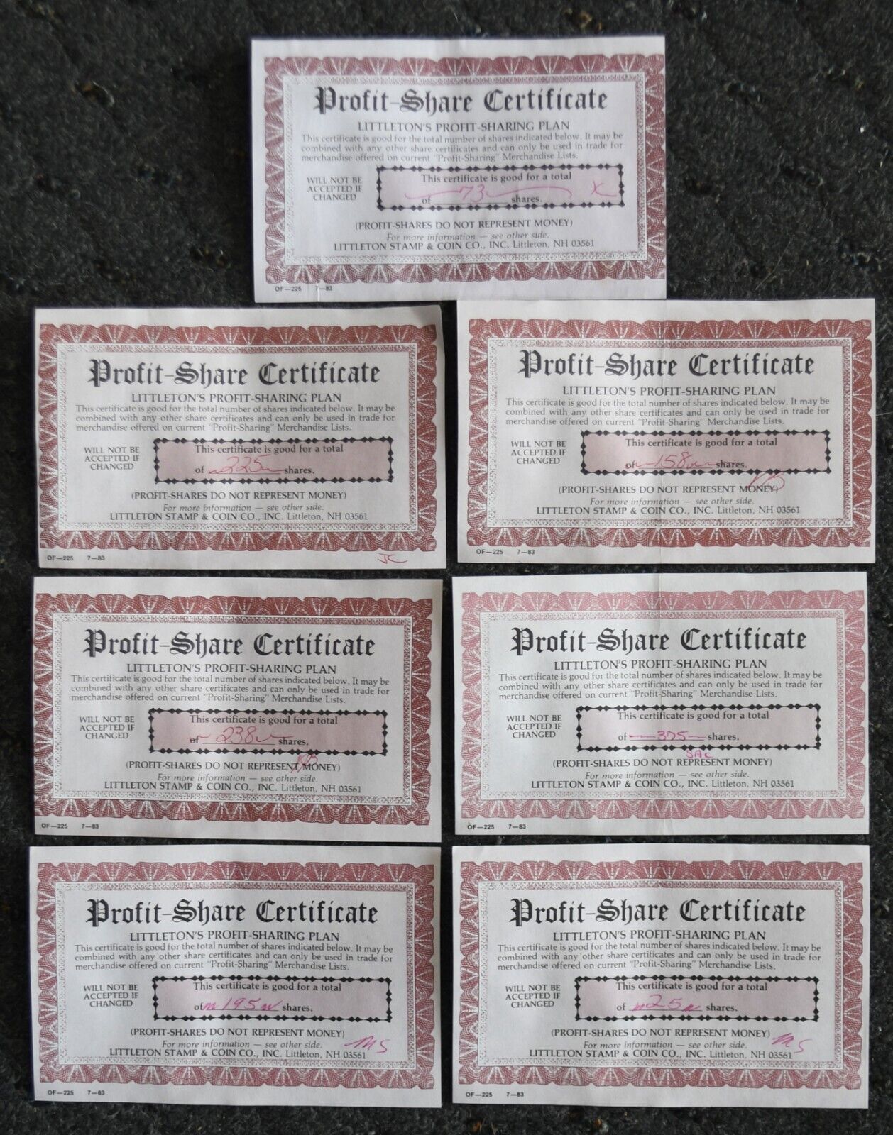 7 Littleton Coin Company Profit Share Certificates