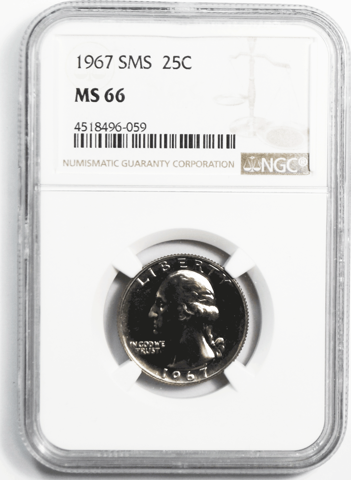 1967 SMS 25c Washington Quarter Dollar NGC MS66 Gem Uncirculated