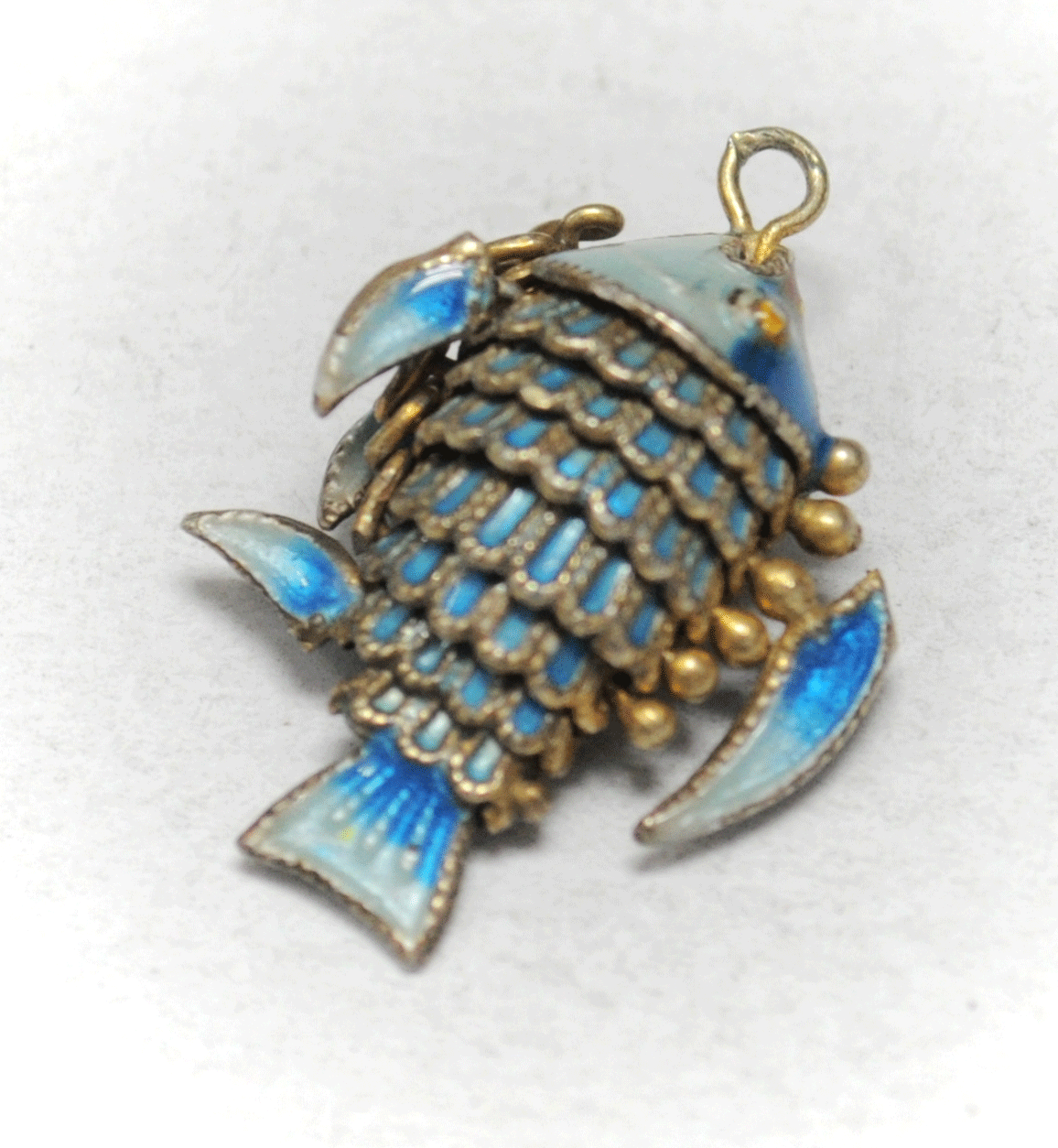 Vintage Chinese Gold Tone Blue Enamel Moving Part Fish Charm Pendant 23mm x 15mm
