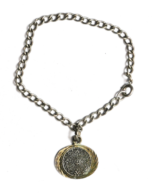 Sterling Silver Plafina Oval Mayan Aztec Calendar 22mm Charm Bracelet 7'"