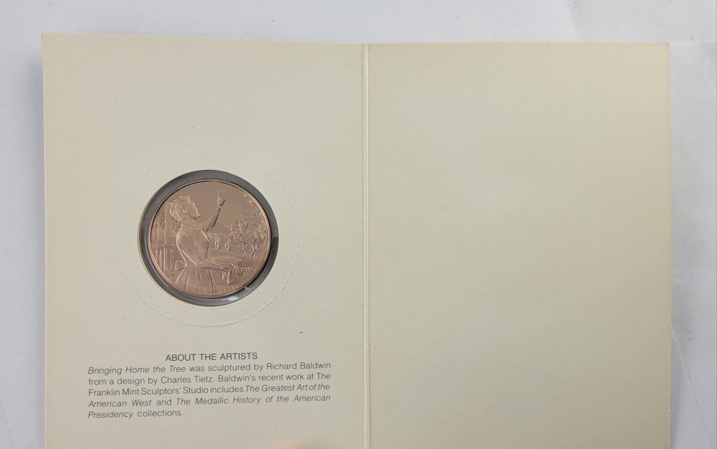 Franklin Mint Bronze Bringing Home The Tree 1980 Christmas Coin w/Holder Card