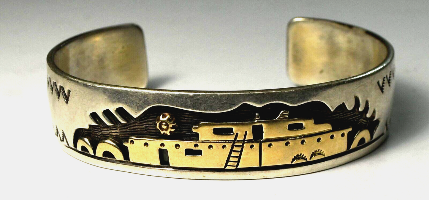 Sterling Silver & 14k Navajo Mike Begay Storyteller 16mm Cuff Bracelet 7" Wrist