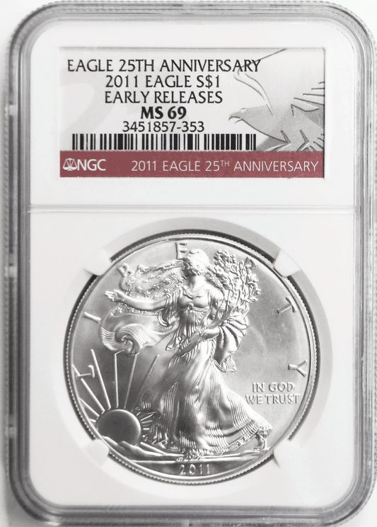 2011 $1 American Silver Eagle NGC MS69 25th Anniversary Early Release