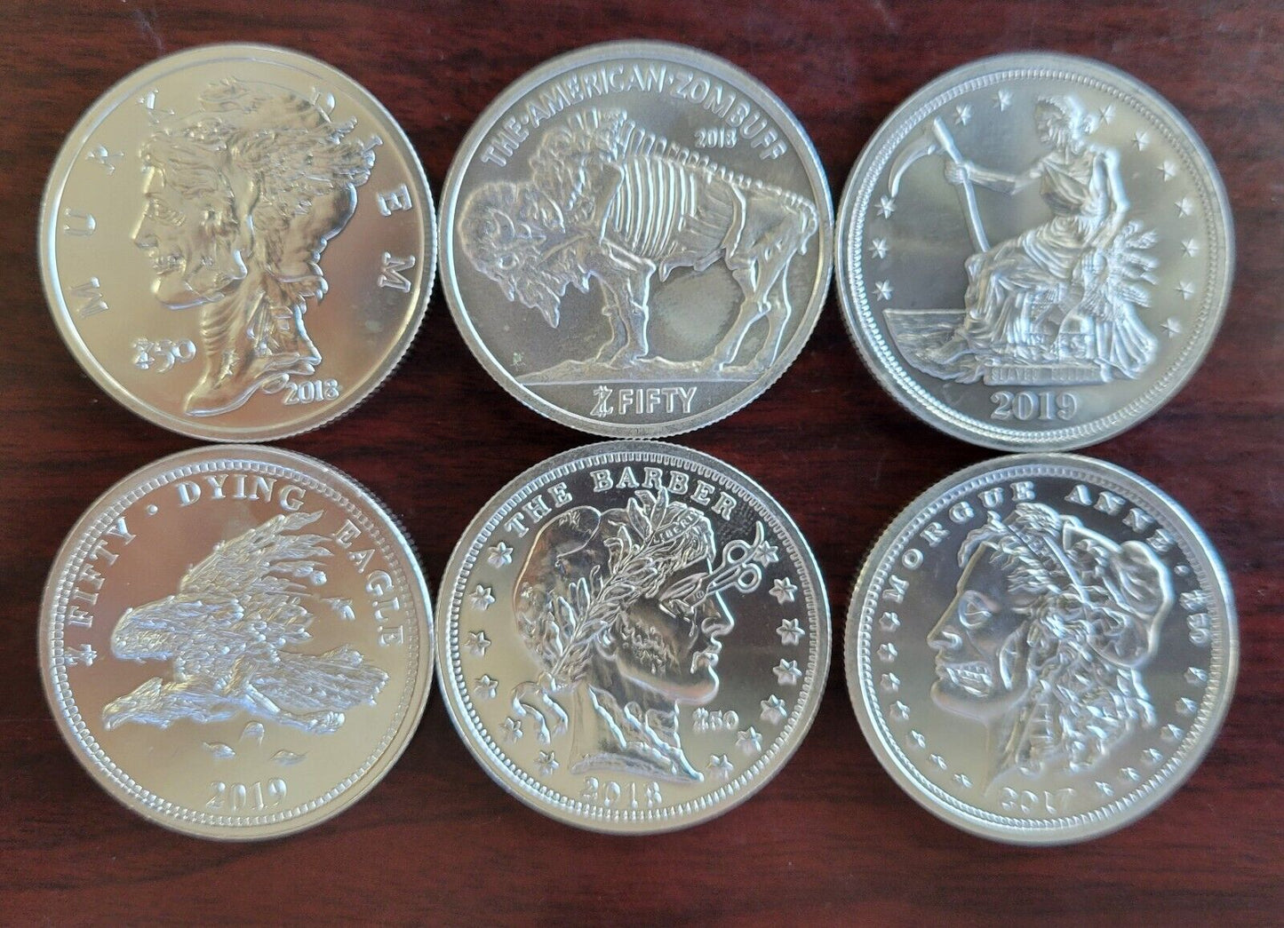 7pc Set Of Zombucks .999 Fine Silver 1oz. Zombuff, Morgue Anne, Murk Diem