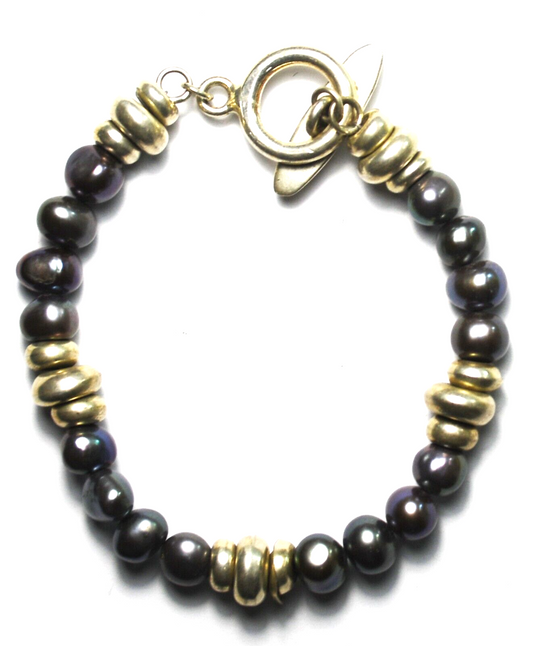 Sterling Silver Fresh Water Tahitian Pearl Toggle Bracelet 9mm 7.5"