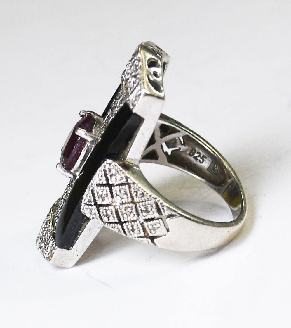 Sterling Silver Onyx CZ Garnet Filigree Ring 30mm Size 6