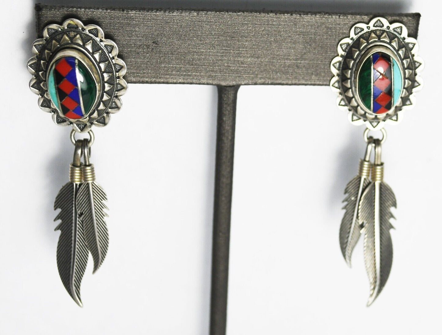 Sterling Turquoise Malachite Lapis Onyx Jasper Feather Earrings 55mm x 17mm
