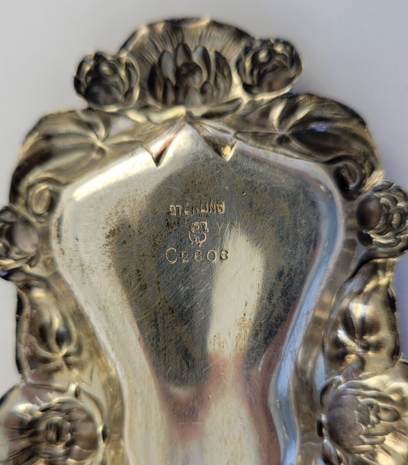 International Sterling Silver 5 1/4"  Repousse Floral Cigarette Ashtray 1.1oz.