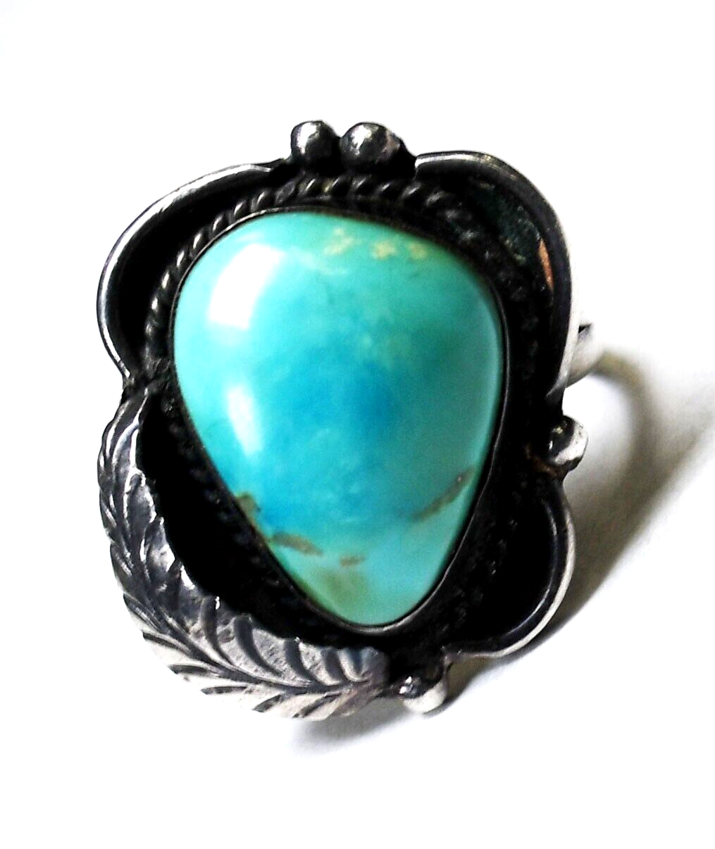 Sterling Silver Antique Turquoise Ring 24mm Size 7.25