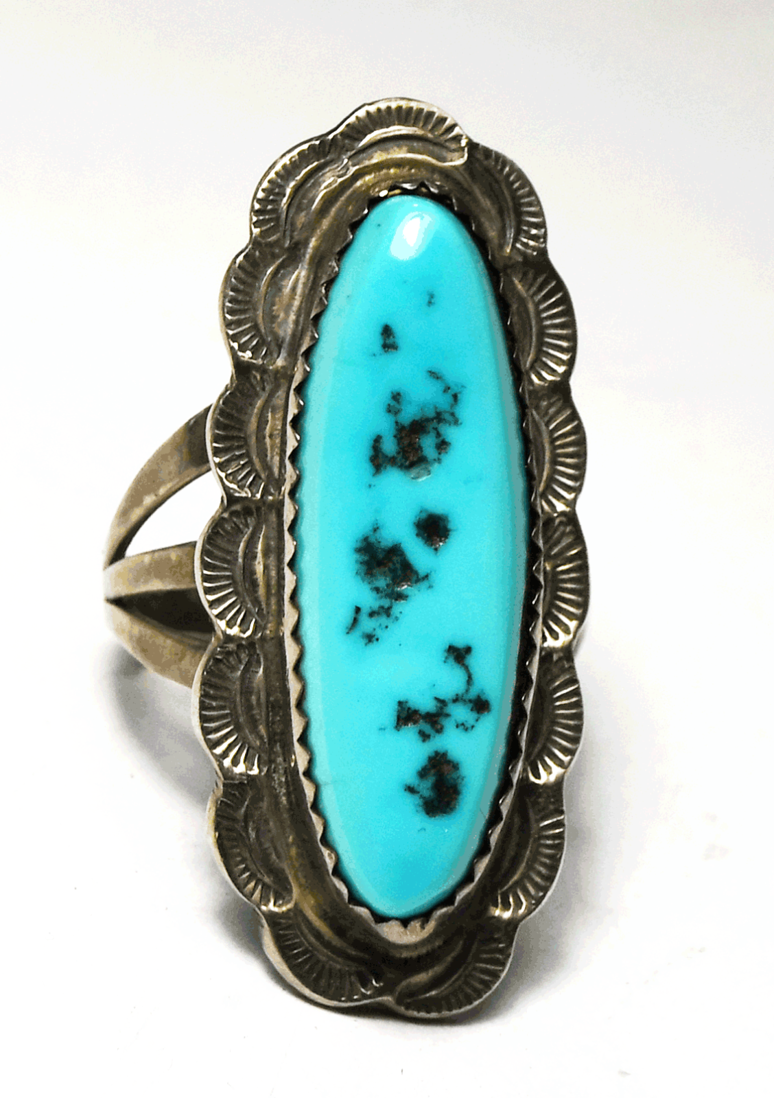 Antique Sterling Turquoise Oval Triple Split Band Ring 35mm Size 7 Rays Halo