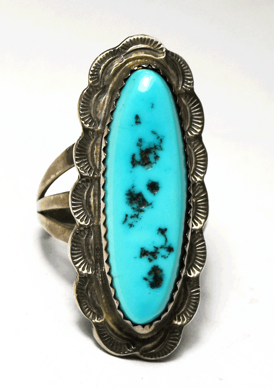 Antique Sterling Turquoise Oval Triple Split Band Ring 35mm Size 7 Rays Halo