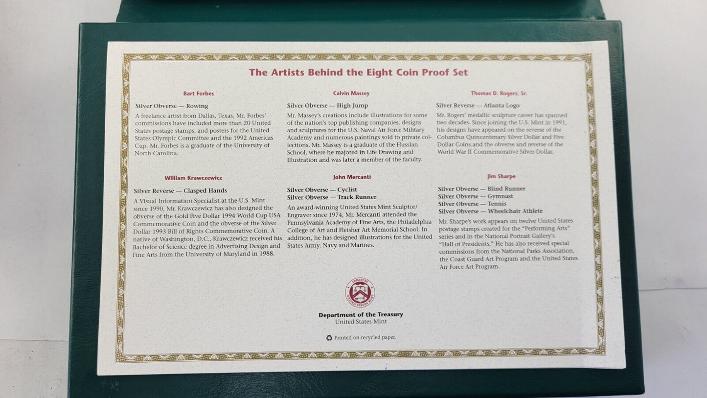 1996 US Olympic Atlanta Centennial Olympic Games 8pc Proof Set w/ Box & COA