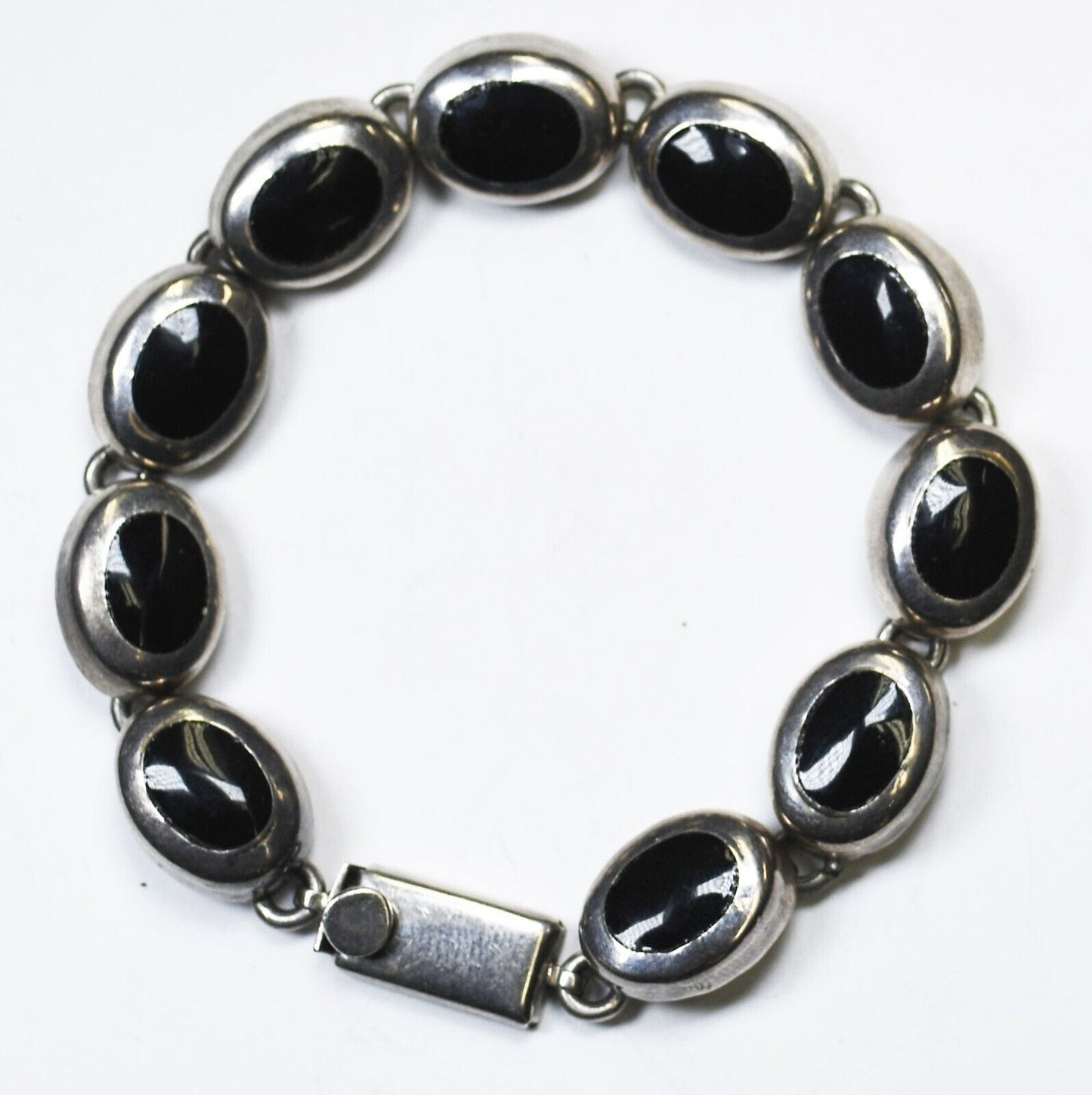 Sterling Silver Mexico Oval Black Onyx Chain Bracelet 12mm 7.75"