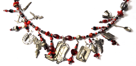 Sterling Silver Red Bead Southwest 2" Charm Necklace 23.5" Boots Pistol Saddle