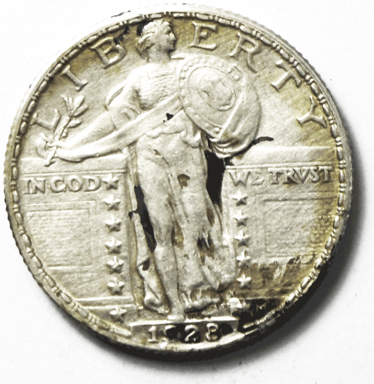 1928 25c Standing Liberty Silver Quarter Philadelphia AU Details Adhesive