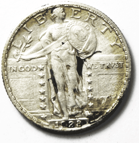 1928 25c Standing Liberty Silver Quarter Philadelphia AU Details Adhesive