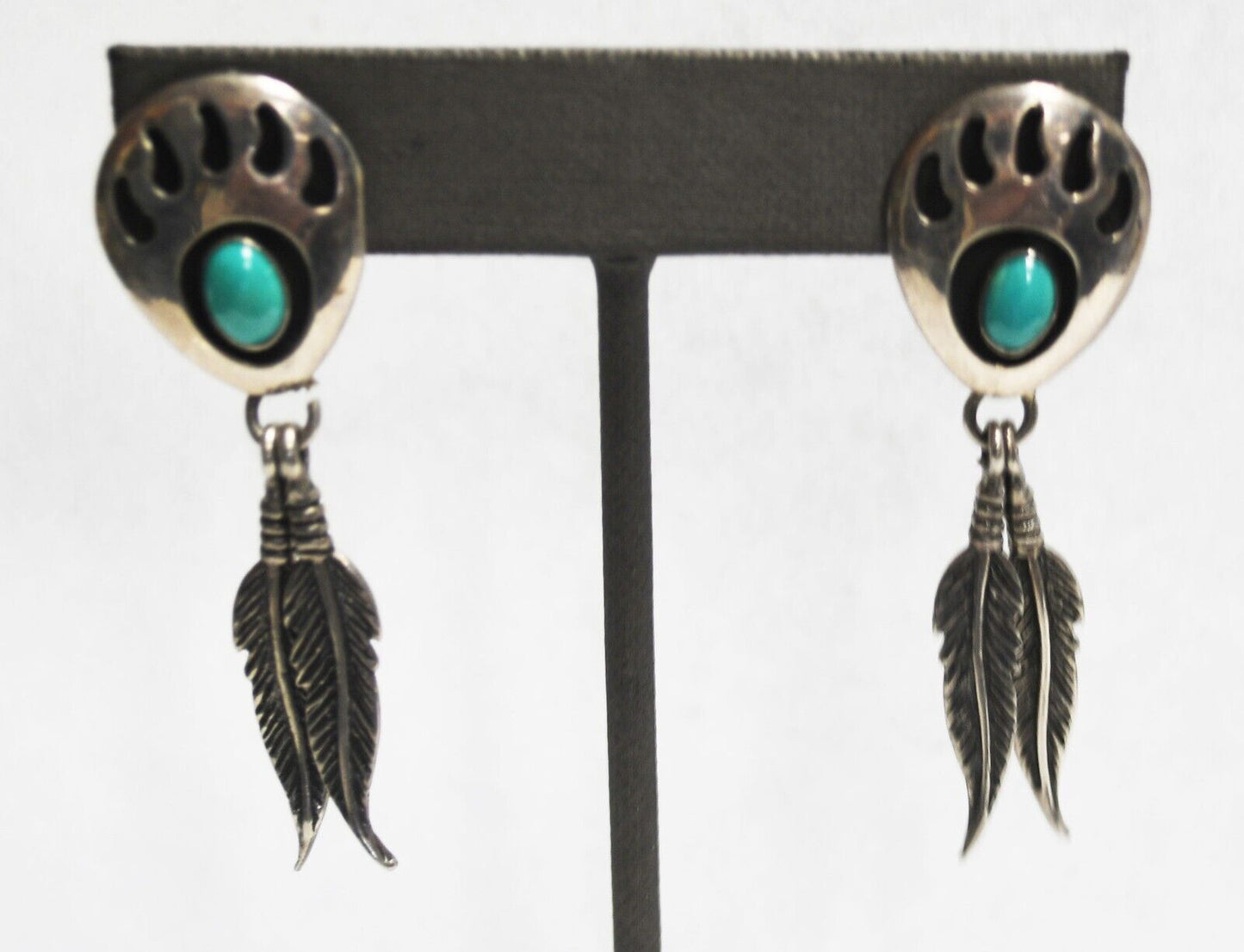 Sterling Turquoise Shadow Box Bear Claw Feather Dangle Earrings 17mm x 55mm
