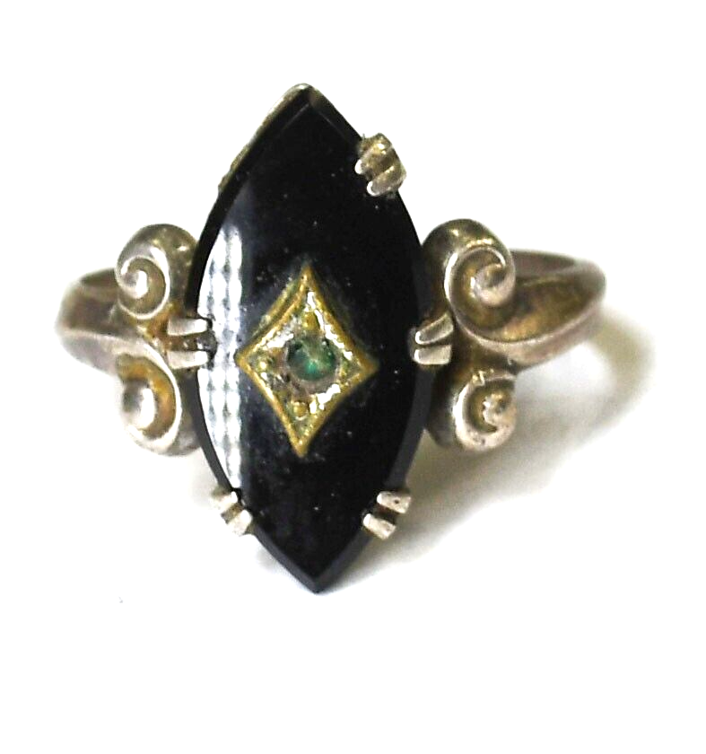 Sterling Silver Cradle Craft Onyx Rhinestone Ring 18mm Size 7.5