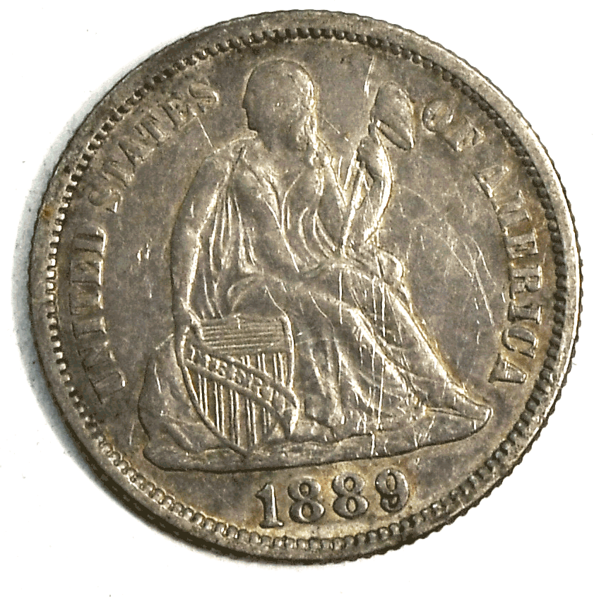 1889 10c Seated Silver Dime Ten Cents Philadelphia Obverse Scratches