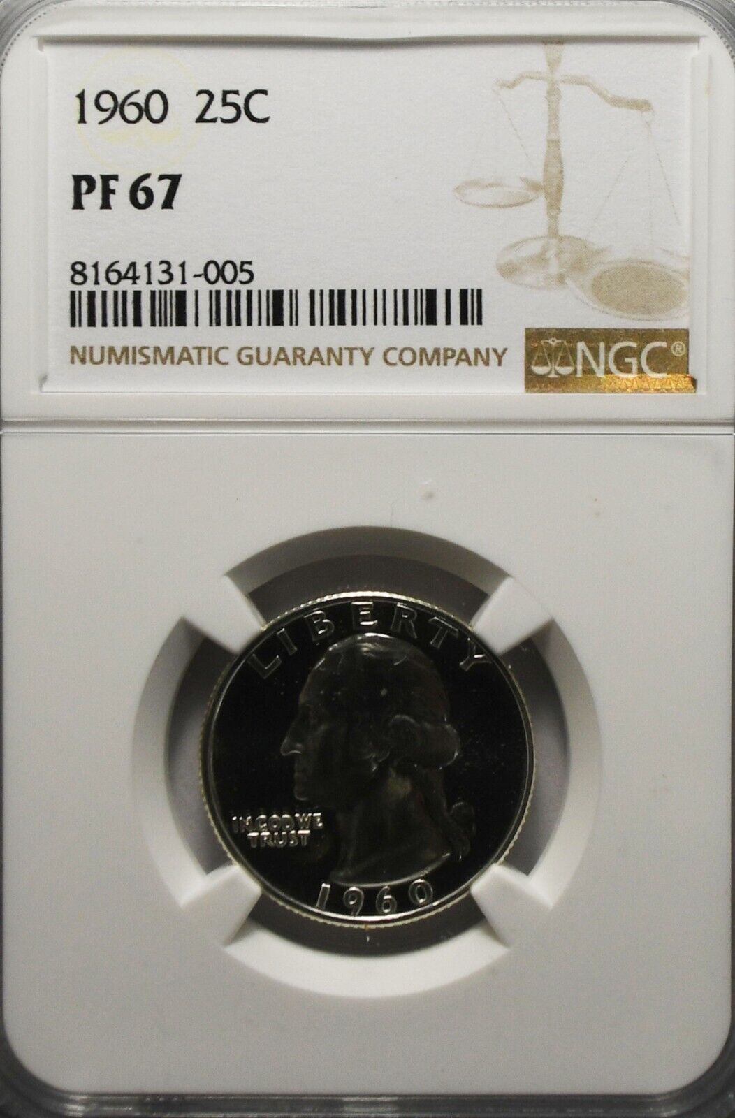 1960 25c Washington Proof Silver Quarter Dollar NGC PF67
