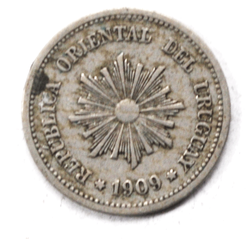 1909 Uruguay 2 Two Centesimos Copper Nickel Coin KM# 20