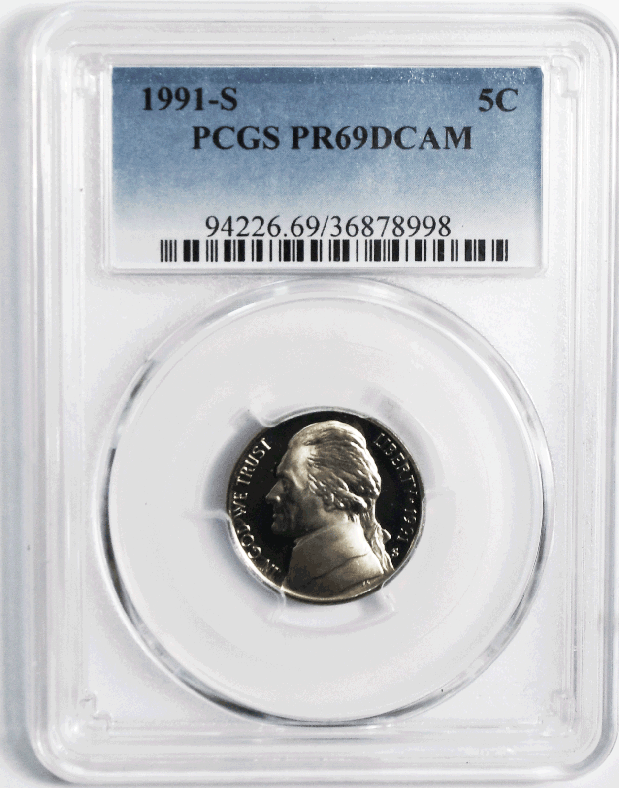 1991 S 5c Jefferson Proof Nickel Five Cents PR69 DCAM PCGS San Francisco