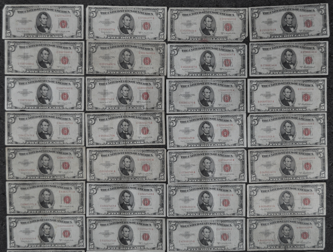 Lot of 48 Series 1953 53A 53B & 53C $5 Legal Tender Red Seal Notes Circulated