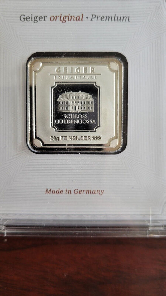 50 gram Silver Bar - Geiger Edelmetalle Original Square Series Germany Encased