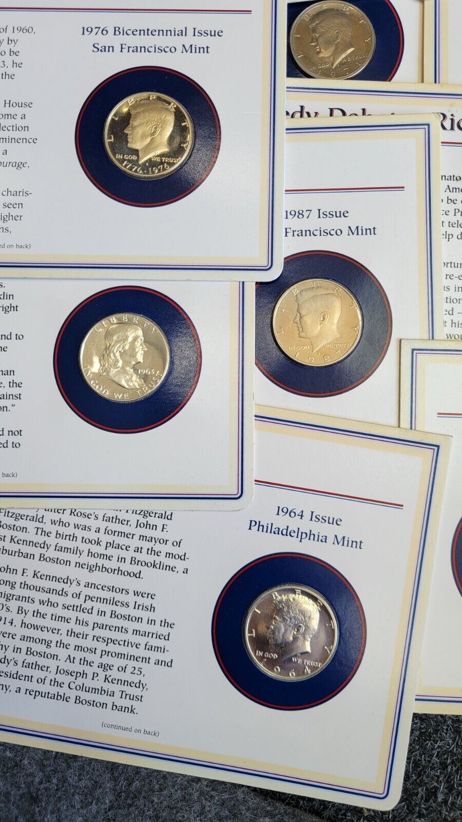 17pc. Set Of Kennedy & Franklin Half Dollar Coin & Stamp Carded Collection