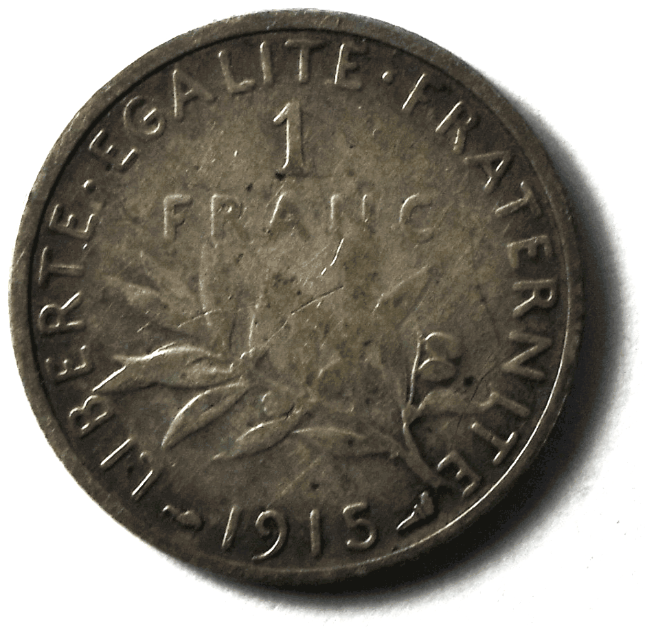 1915 France Silver One Franc Coin KM# 844.1