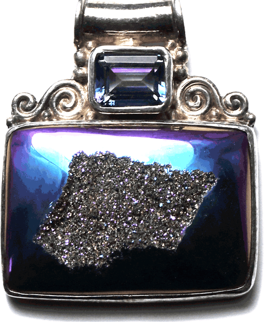 Sterling Silver Sajen Drusy Quartz Blue Purple Slide Pendant 41mm x 34mm