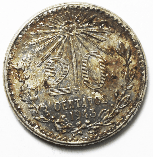 1943 Mexico Estados Unidos Mexicanos 20 Centavo Silver Coin KM# 438 Uncirculated