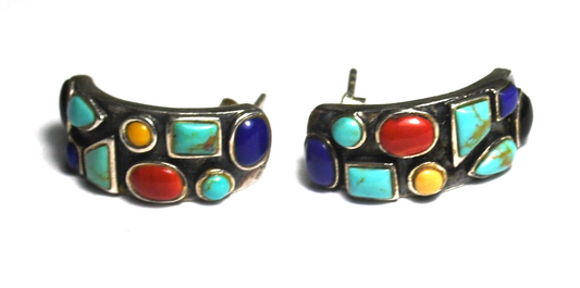 Sterling Silver Turquoise Coral Lapis Half Hoop Earrings 22mm x 9mm