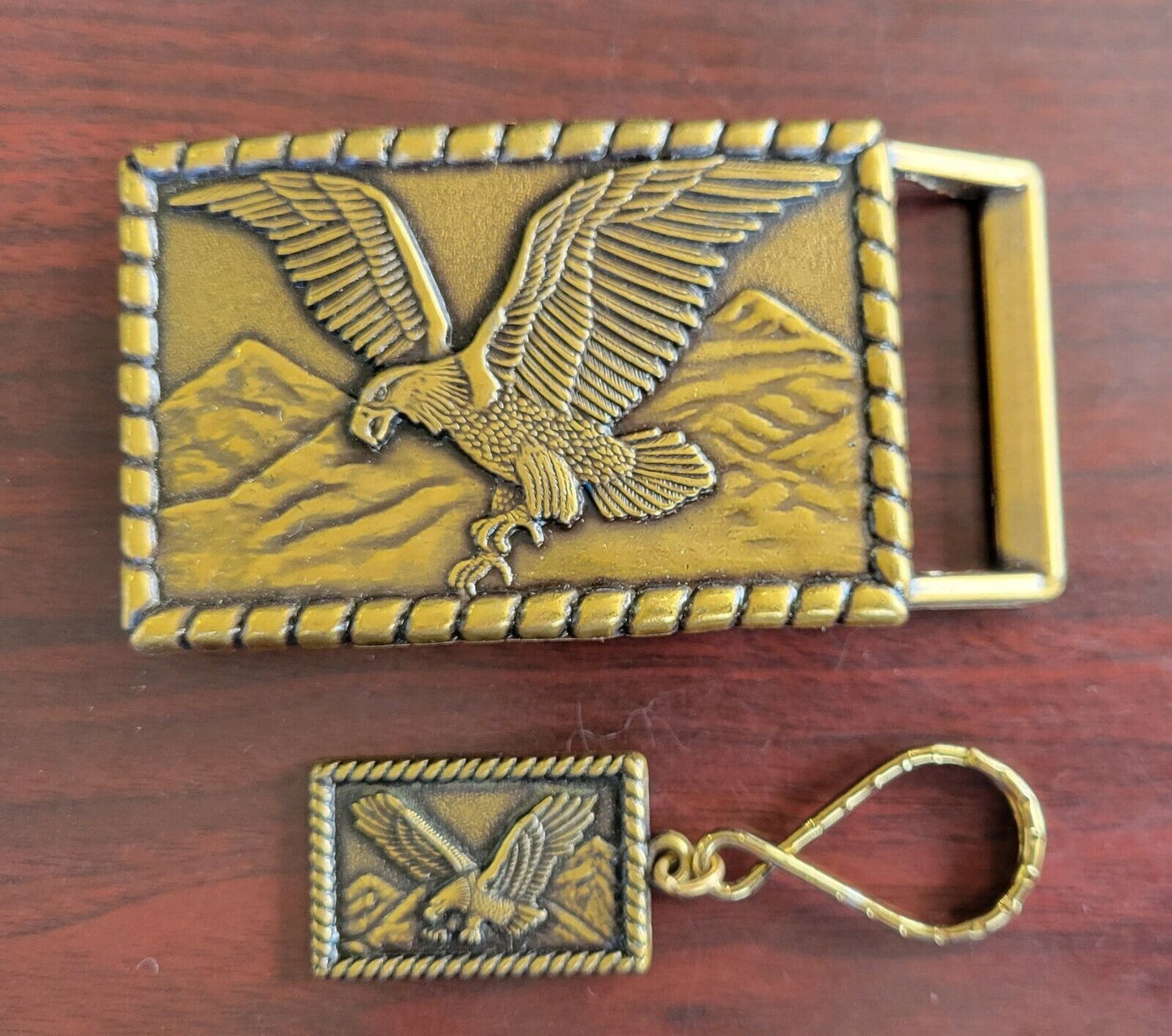 Brass American Eagle Spanned Wings & Mountains Belt Buckle and Key Chain Set