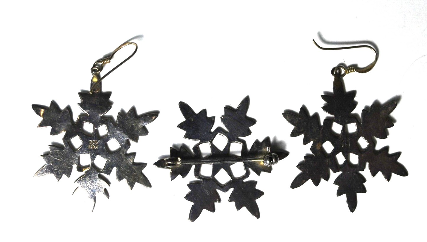 Sterling Silver PAJ 39mm Snowflake Cutout Earrings & Brooch Set Christmas X-mas