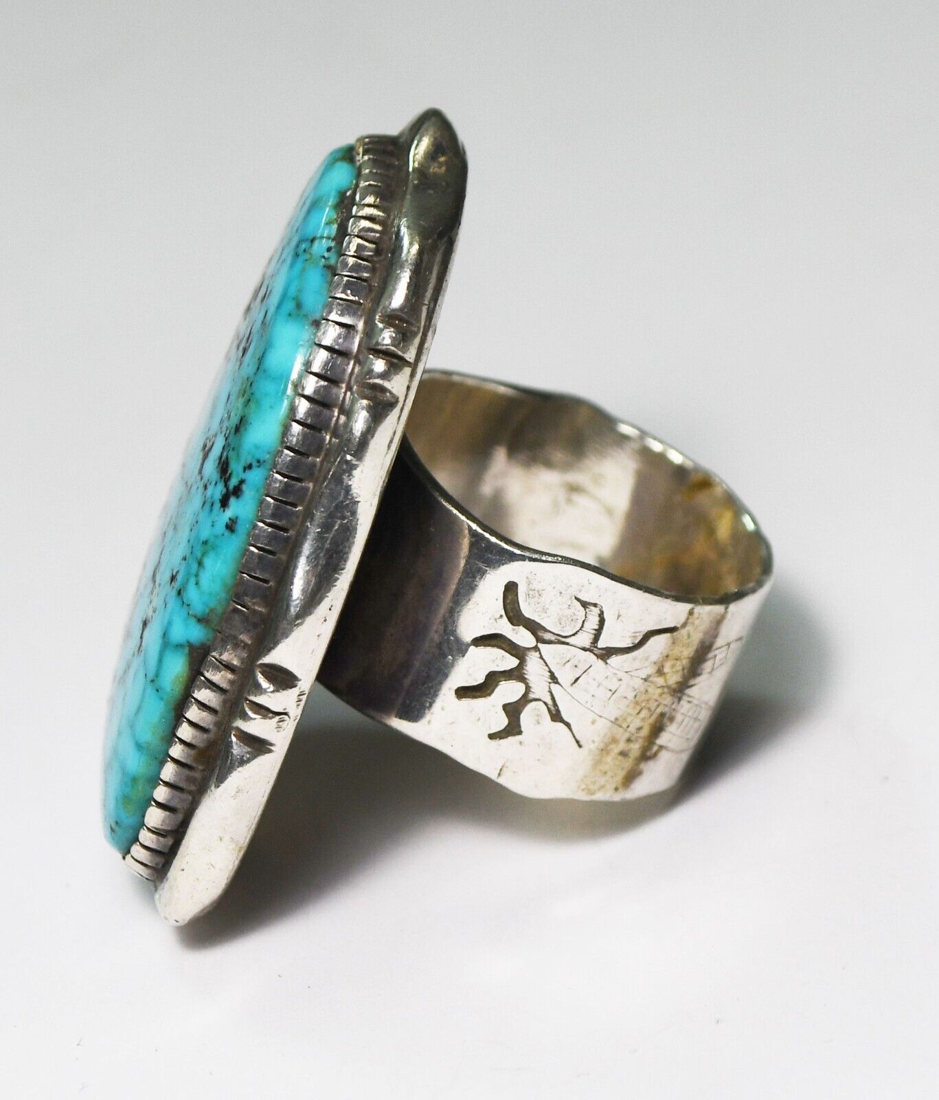 Sterling Silver Large Turquoise Ring 44mm Sun Size 11   30g Embossed Wide Band