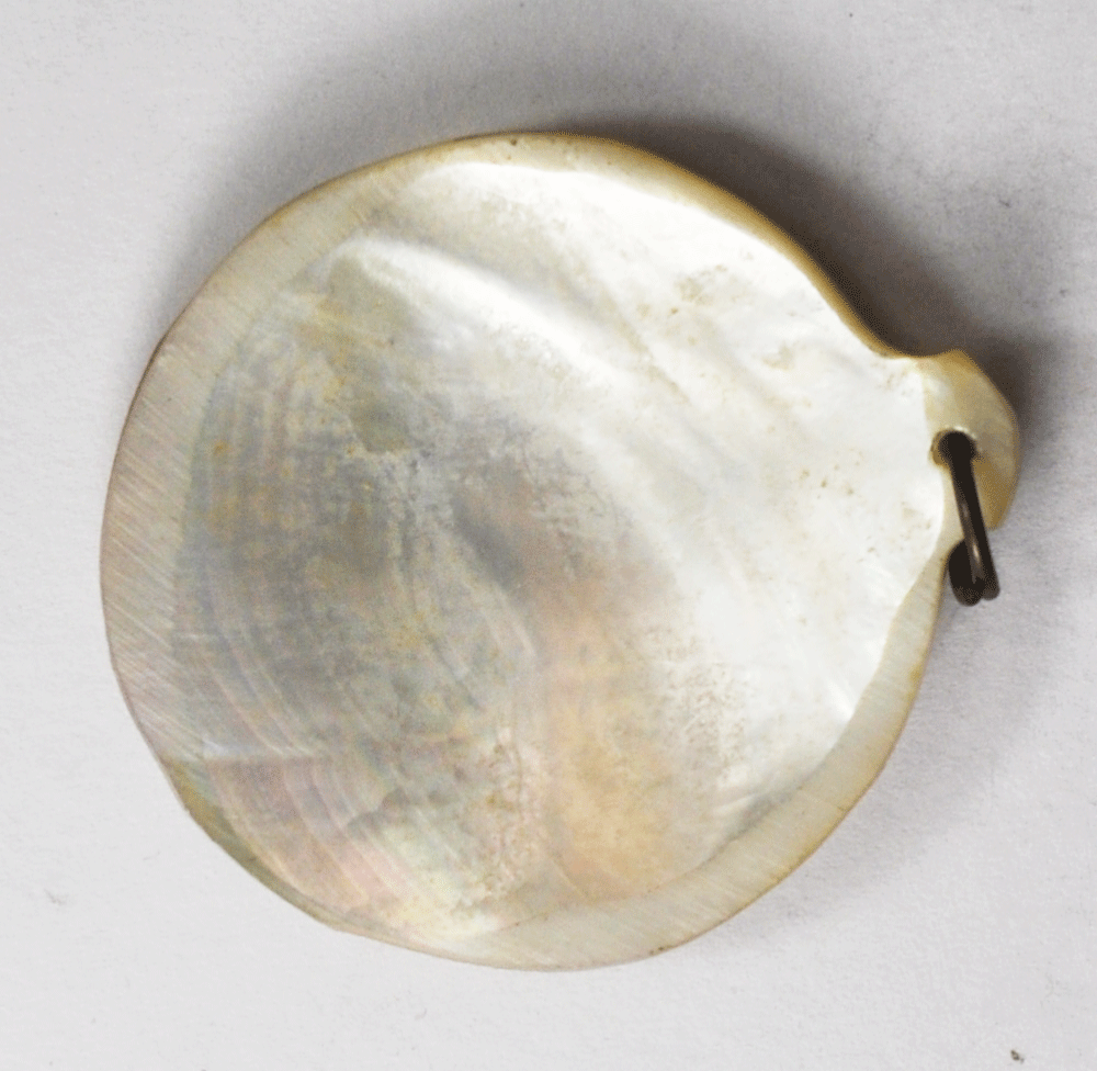 MOP Mother of Pearl Pendant Domed Disc Round Enameled Horse Riders 41mm x 37mm