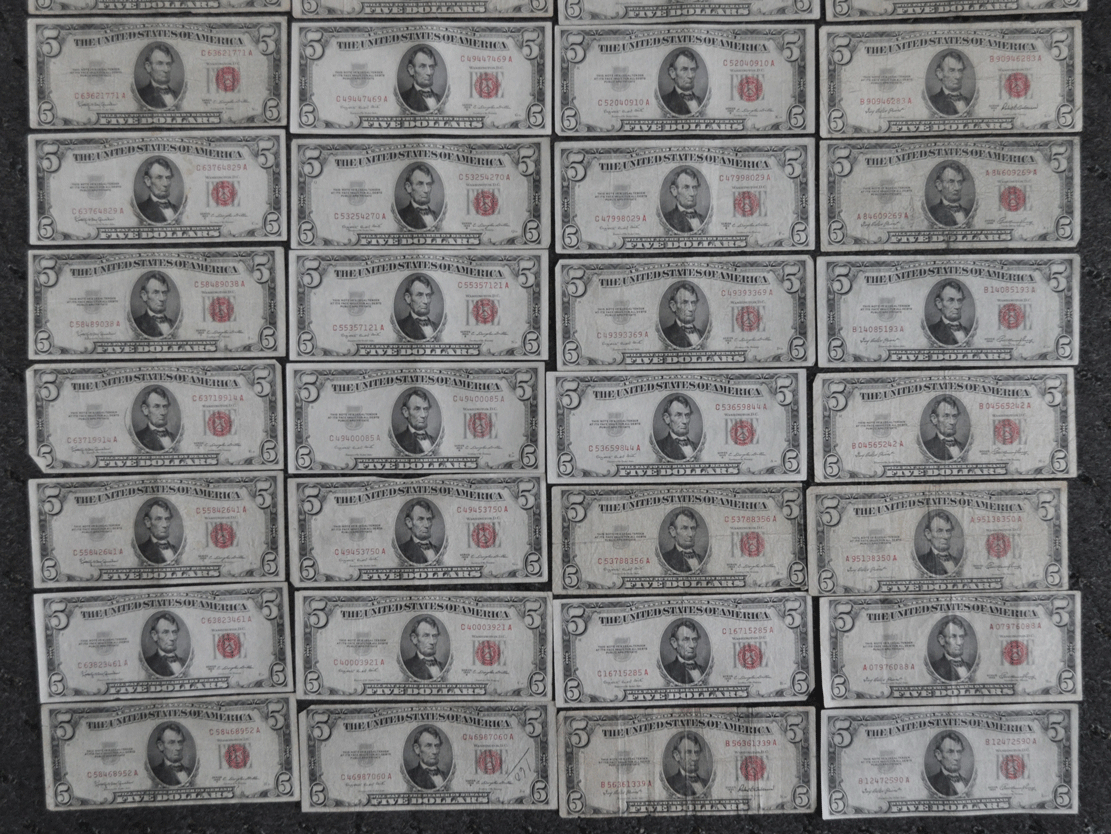 Lot of 48 Series 1953 53A 53B & 53C $5 Legal Tender Red Seal Notes Circulated