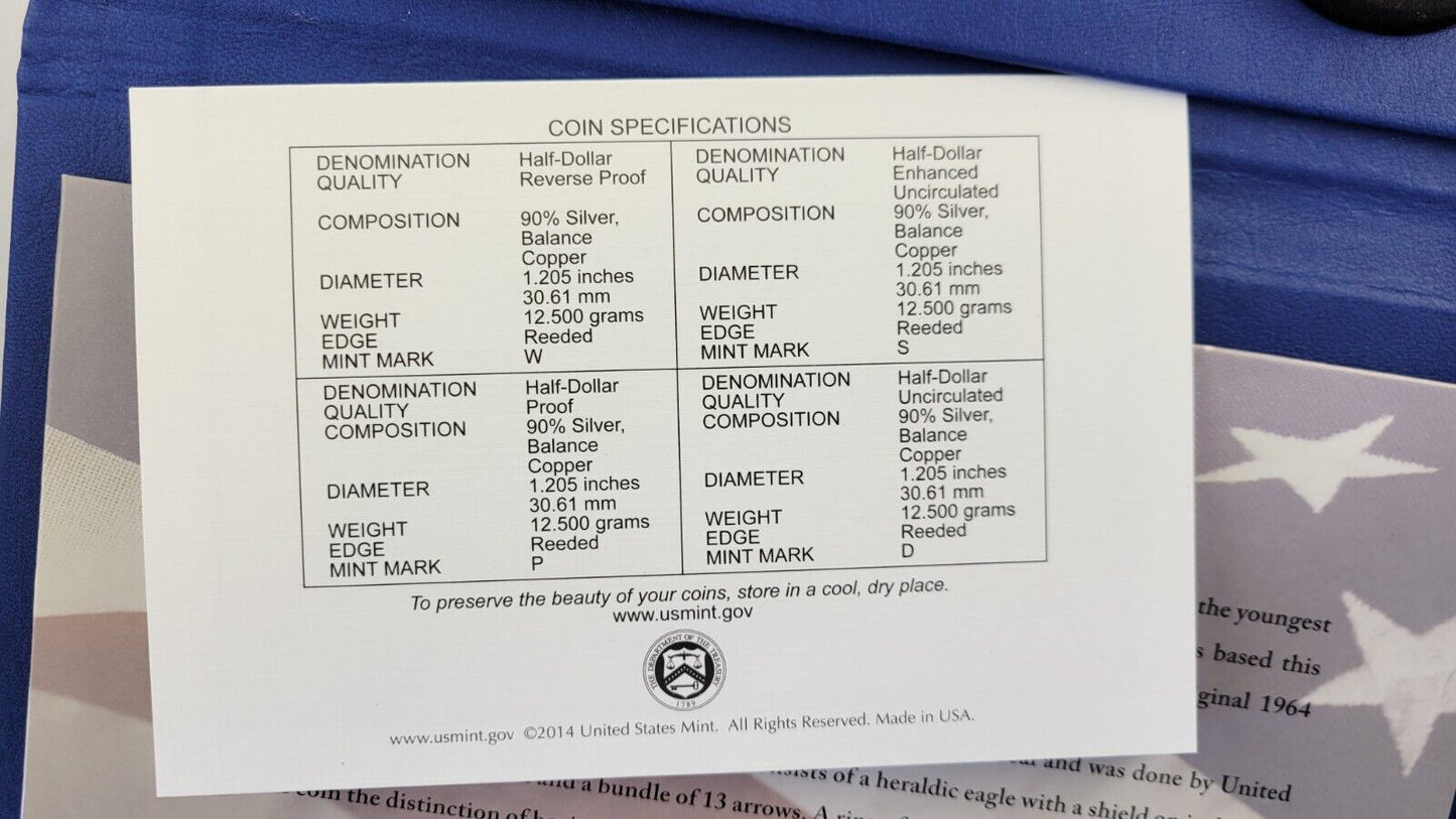 2014 Kennedy 50th Anniversary Silver Half Dollar 4 Coin Set Boxed w/COA