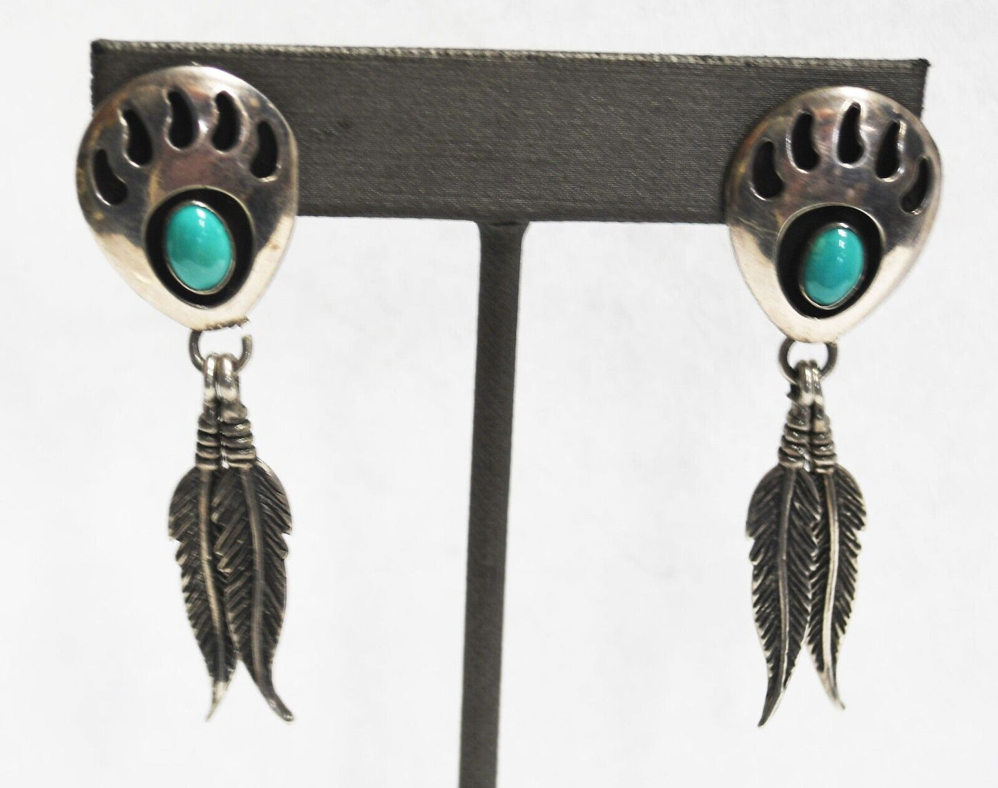 Sterling Turquoise Shadow Box Bear Claw Feather Dangle Earrings 17mm x 55mm