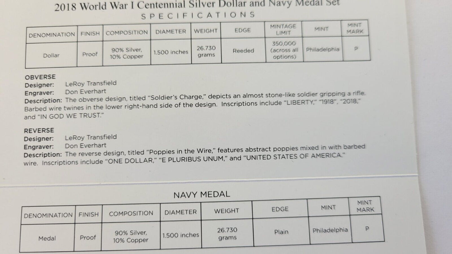 2018 World War I Centennial P Silver Dollar and Navy Medal Proof Set Boxed