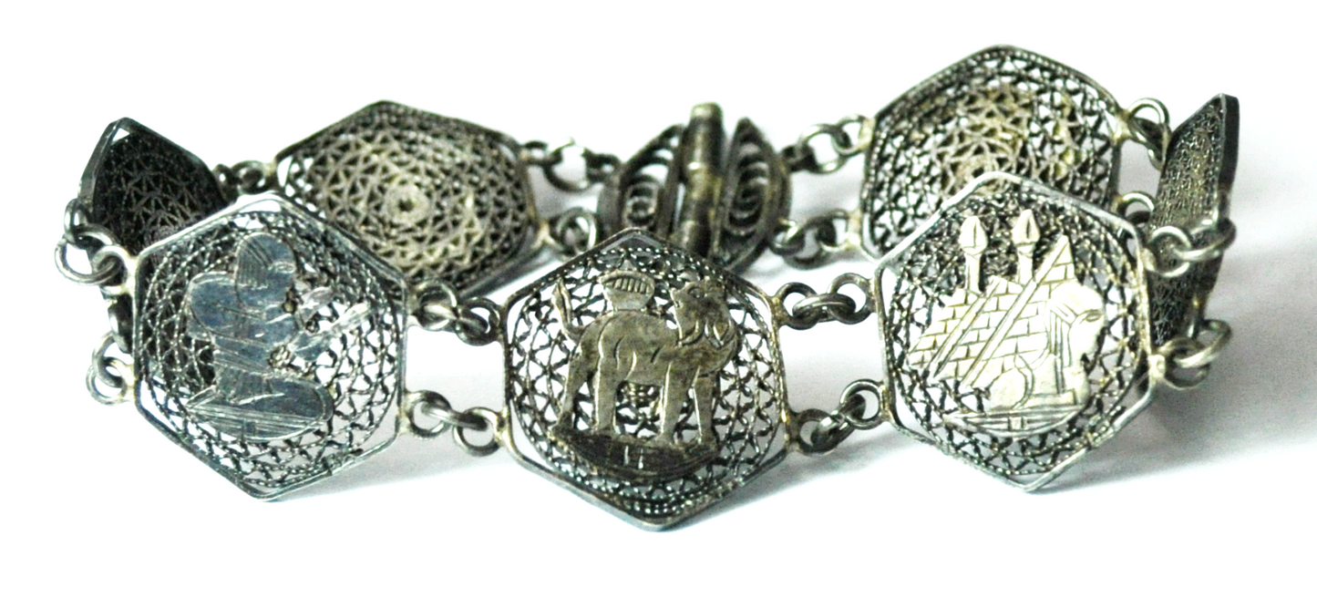 Silver Egyptian Hieroglyphic Lion Camel Pyramid Filigree Bracelet 22mm 7-3/4"