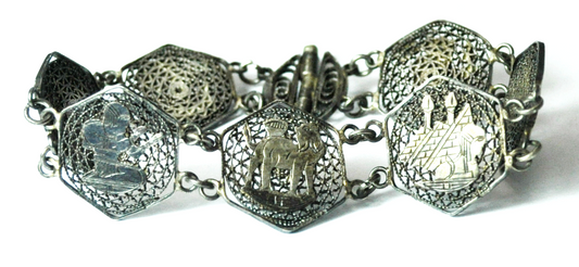 Silver Egyptian Hieroglyphic Lion Camel Pyramid Filigree Bracelet 22mm 7-3/4"