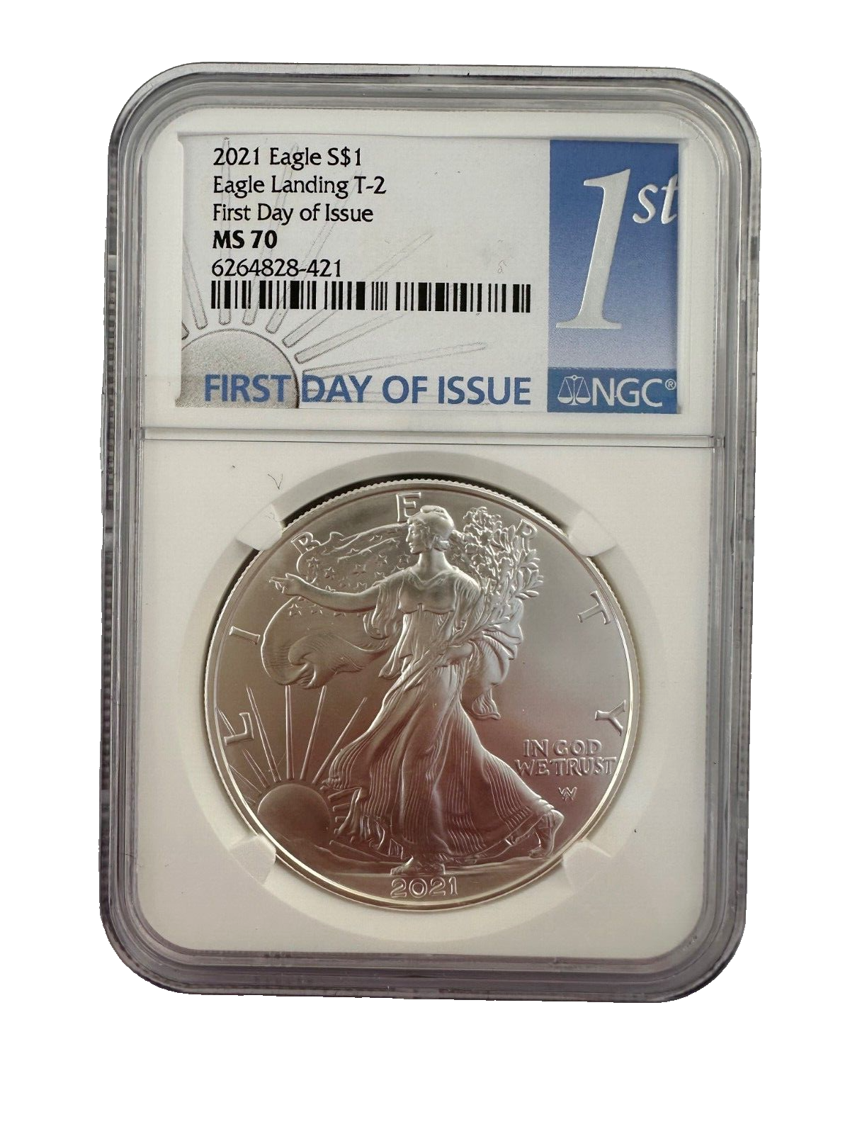 2021 W Silver Eagle $1 BURNISHED Landing T2 NGC MS70 First Day Of Issue 1st G